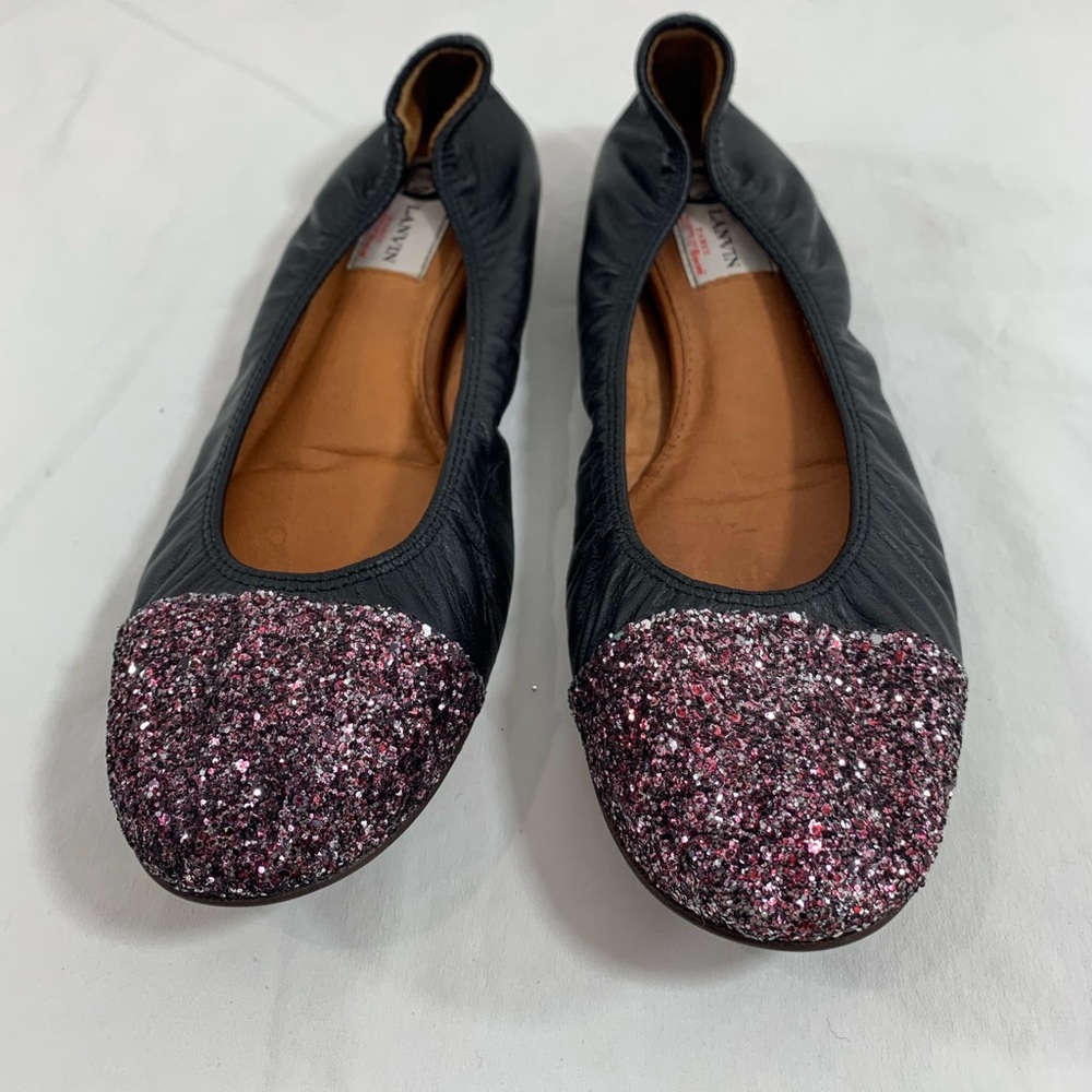 Genuine women LANVIN ballerina cap toe glitter shoes 40.5  10